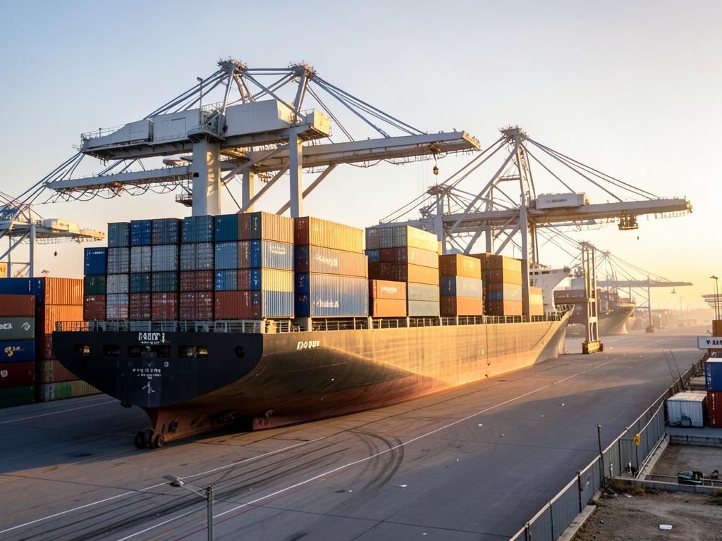 Container ship being loaded at an international port